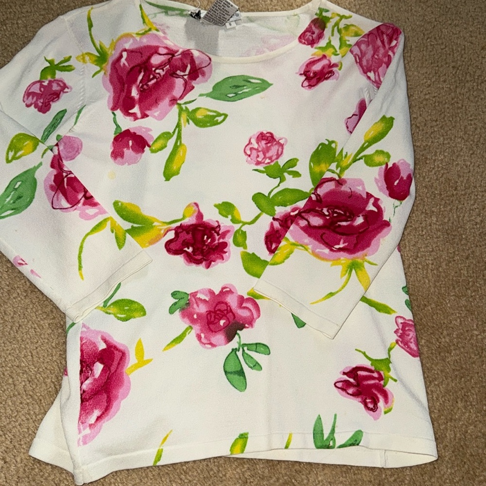 EUC JOSEPH ABOUD SZ S 3/4 sleeve floral sweater